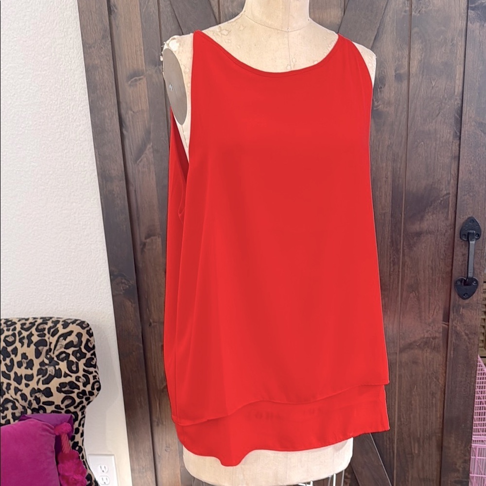 Red Flowy two layer tank/blouse with sexy open shoulder. Size XL